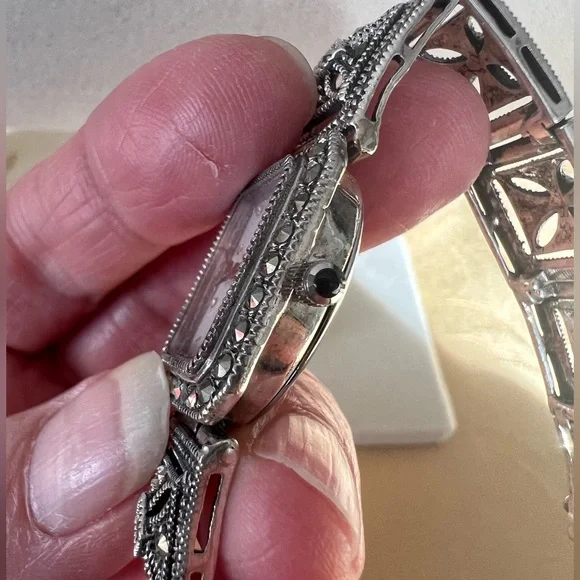 Vintage Art Deco Marcasite DBJ Sterling .925 Tank Watch with New Battery - Picture 5 of 15